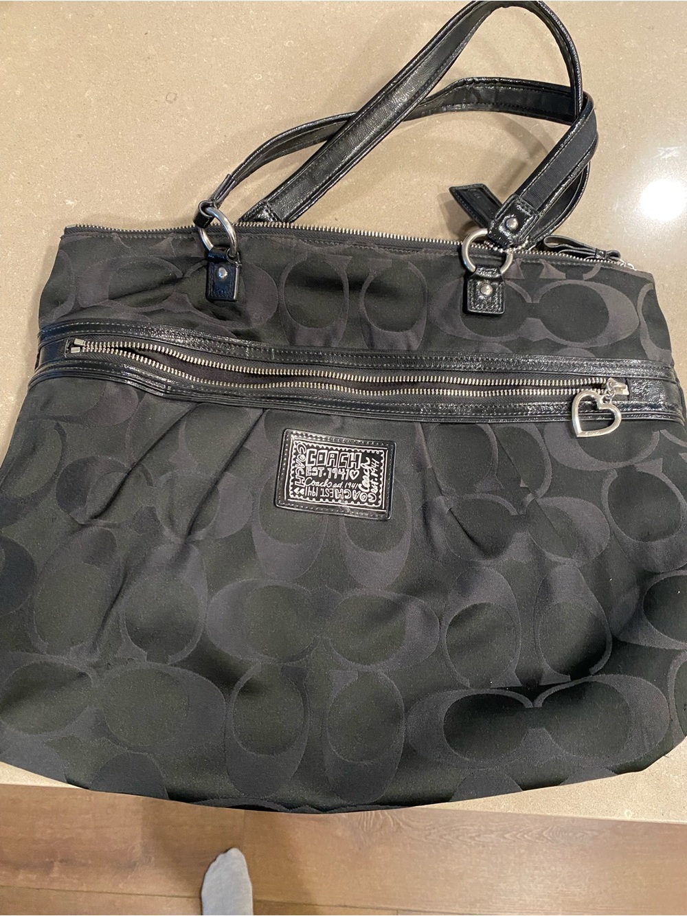 Coach Black Signature Logo Tote with Heart Charm